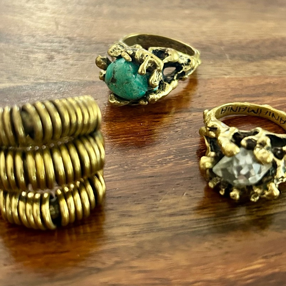 MANIAMANIA Brass & Gemstone Statement Ring Trio